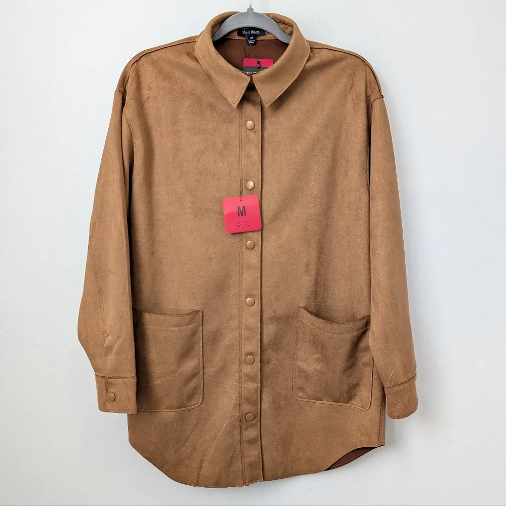 Well Worn Brown Faux Suede Button-Up  Jacket Size Medium - Picture 2 of 14